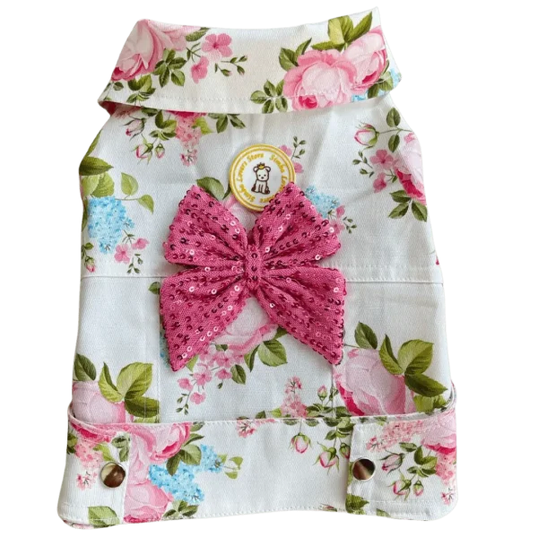 Jaqueta Cropped Flor Azul e Rosa