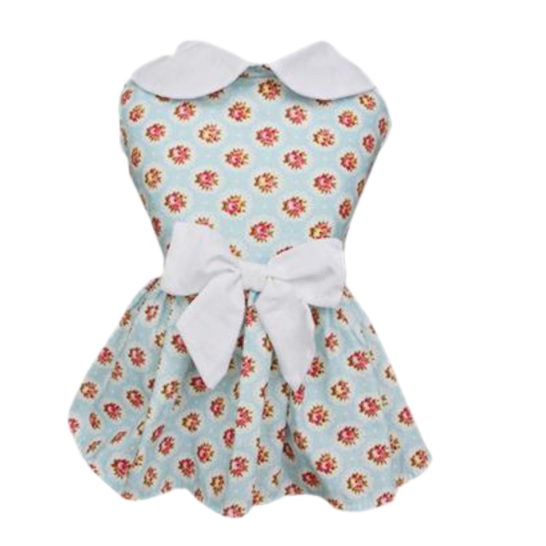 Vestido Florzinha Azul Circulo Gola Branca